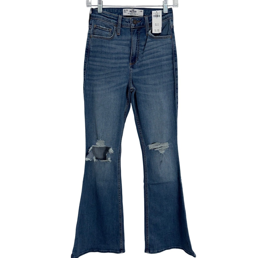 Hollister Curvy High Rise Vintage Flare Jeans Blue Distressed Ripped Size 26S